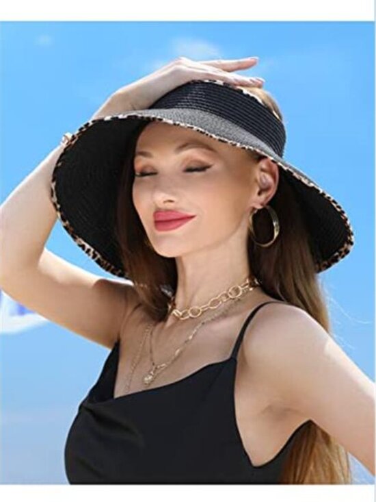 Women\'s Wide Brim UV Protection Sun Hat with Leopard Trim Straw main image 5